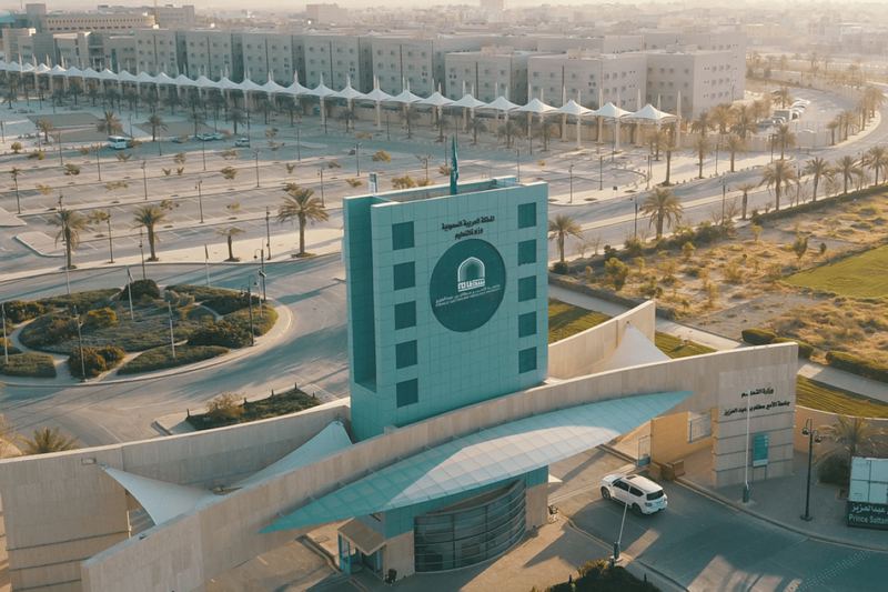 Aerial view of the main entrance of Prince Sattam bin Abdulaziz University in Al-Kharj
